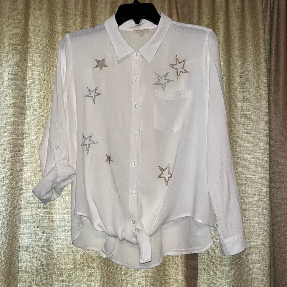 Hem & Thread White Button Down Shirt Silver Gold Star Embellishment Womens Large